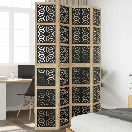 Kamerscherm Met 4 Panelen Massief Paulowniahout Bruin En Zwart 40 x 220 cm