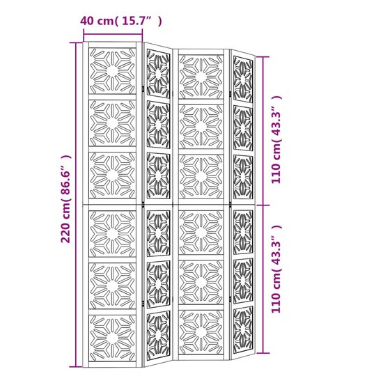 Kamerscherm Met 4 Panelen Massief Paulowniahout Bruin En Zwart 40 x 220 cm