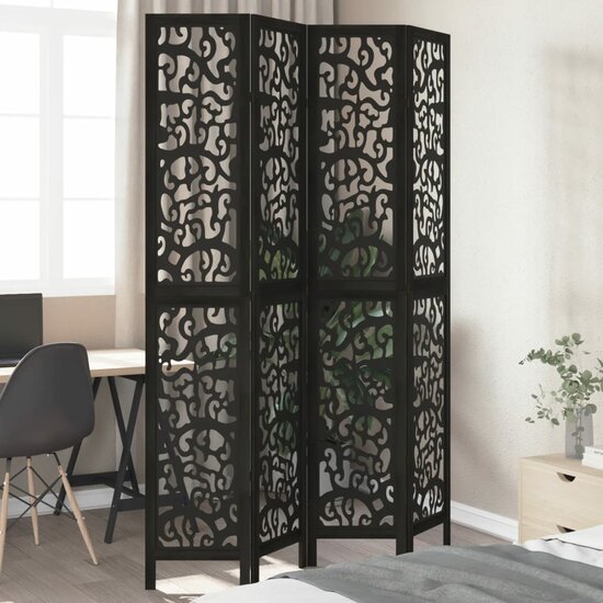Kamerscherm Met 4 Panelen Massief Paulowniahout Zwart 40 x 220 cm