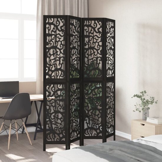 Kamerscherm Met 4 Panelen Massief Paulowniahout Zwart 40 x 220 cm