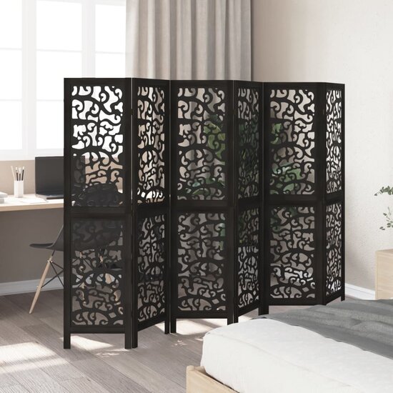 Kamerscherm Met 6 Panelen Massief Paulowniahout Zwart 40 x 160 cm