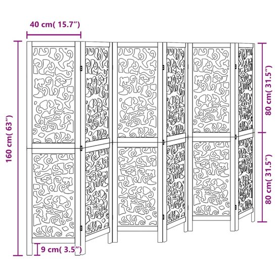 Kamerscherm Met 6 Panelen Massief Paulowniahout Zwart 40 x 160 cm