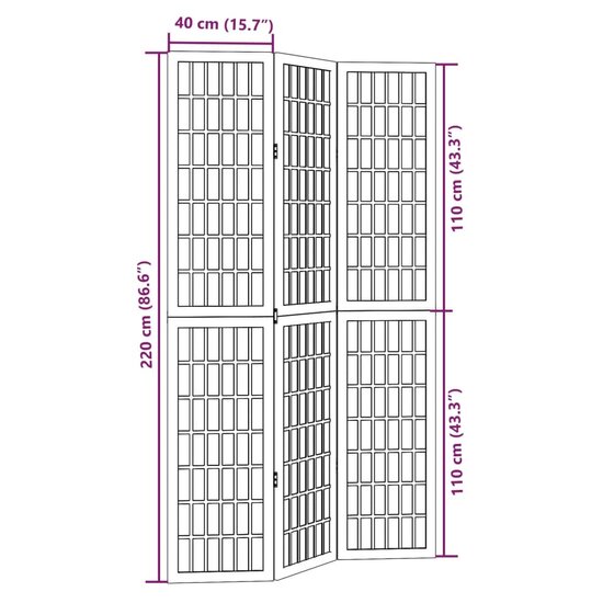 Kamerscherm Met 3 Panelen Massief Paulowniahout Zwart 40 x 220 cm