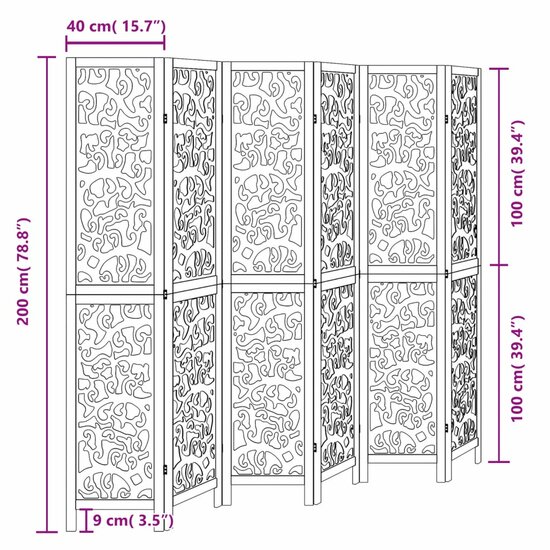 Kamerscherm Met 6 Panelen Massief Paulowniahout Zwart 40 x 200 cm