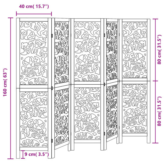 Kamerscherm Met 5 Panelen Massief Paulowniahout Zwart 40 x 160 cm