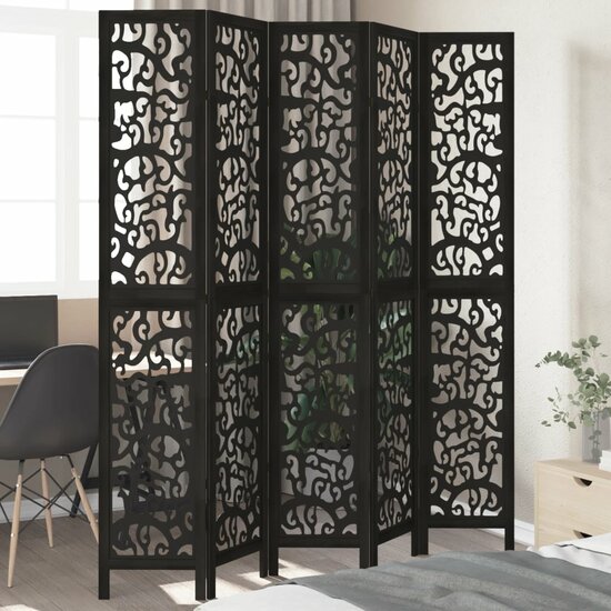 Kamerscherm Met 5 Panelen Massief Paulowniahout Zwart 40 x 220 cm
