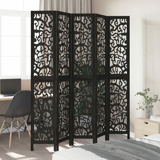 Kamerscherm Met 5 Panelen Massief Paulowniahout Zwart 40 x 220 cm