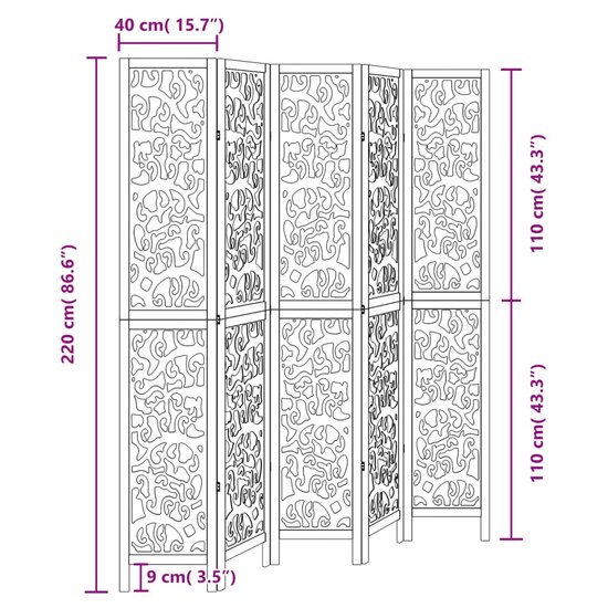 Kamerscherm Met 5 Panelen Massief Paulowniahout Zwart 40 x 220 cm