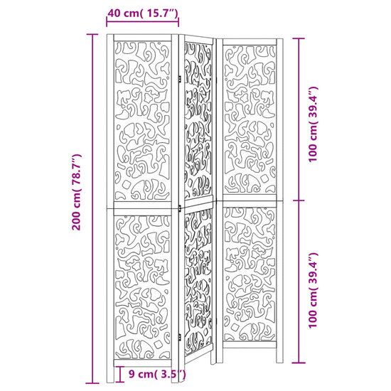 Kamerscherm Met 3 Panelen Massief Paulowniahout Zwart 40 x 200 cm