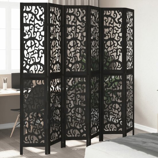 Kamerscherm Met 6 Panelen Massief Paulowniahout Zwart 40 x 220 cm