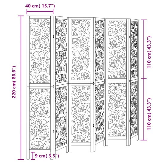 Kamerscherm Met 6 Panelen Massief Paulowniahout Zwart 40 x 220 cm