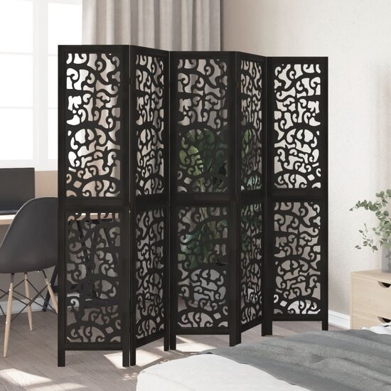 Kamerscherm Met 5 Panelen Massief Paulowniahout Zwart 40 x 180 cm