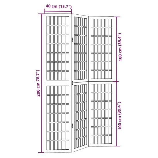 Kamerscherm Met 3 Panelen Massief Paulowniahout Zwart 40 x 200 cm