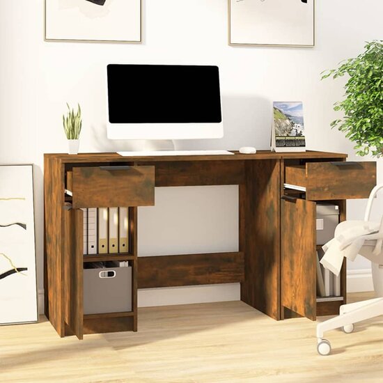 Bureau met bijzetkast bewerkt hout gerookt eikenkleurig
