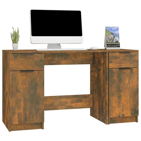 Bureau met bijzetkast bewerkt hout gerookt eikenkleurig