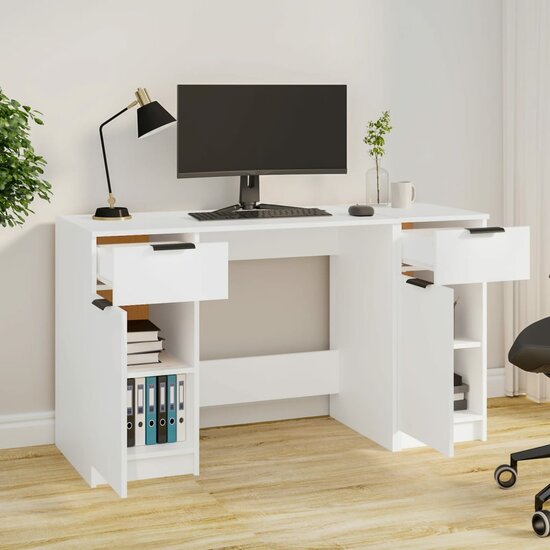 Bureau Met Bijzetkast Bewerkt Hout Wit