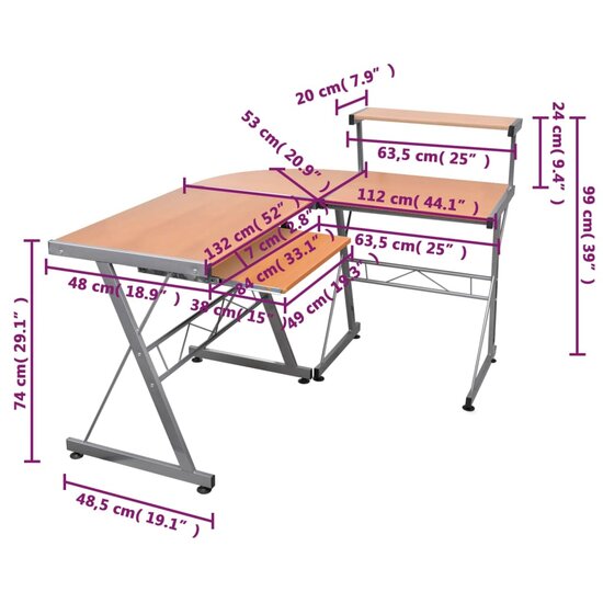 Hoekbureau 132x112x99 cm bewerkt hout bruin