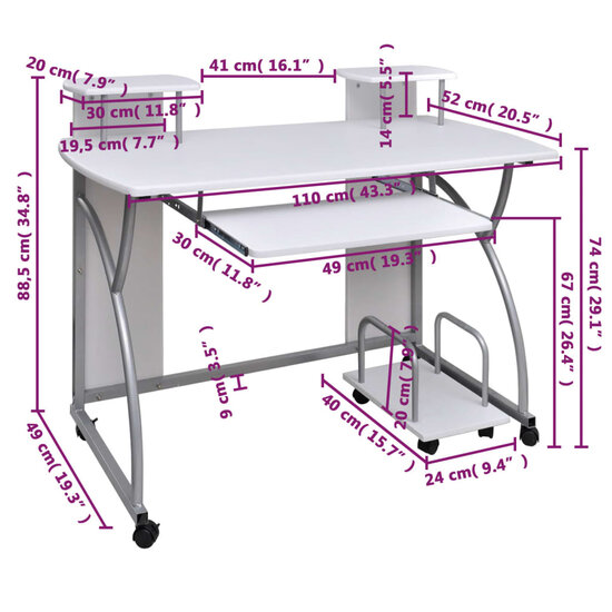 Computerbureau 110x52x88,5 cm bewerkt hout wit
