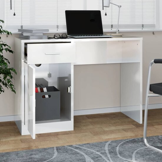 Bureau met kast en lade 100x40x73 cm bewerkt hout hoogglans wit