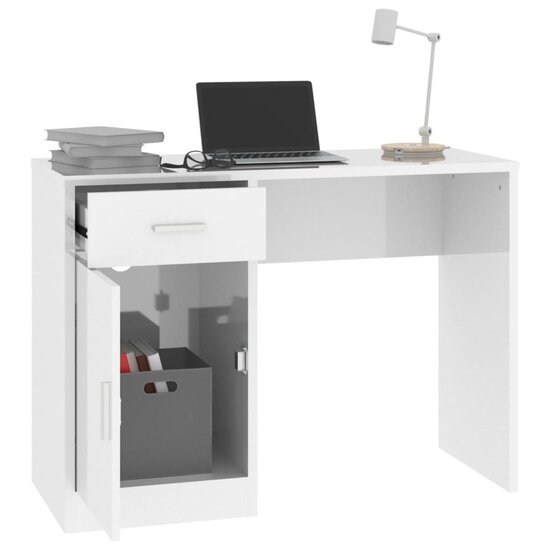 Bureau met kast en lade 100x40x73 cm bewerkt hout hoogglans wit