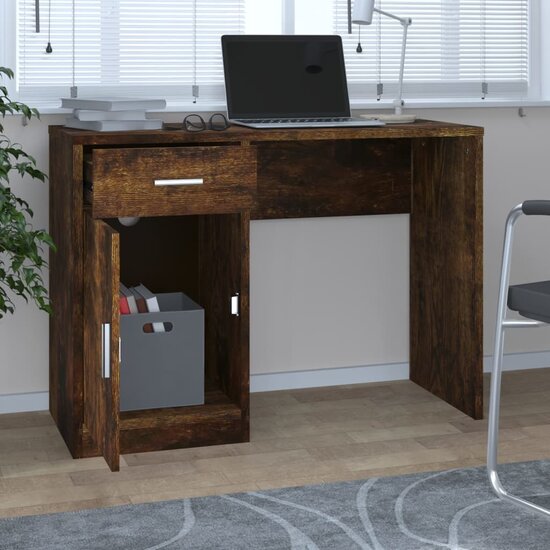 Bureau met kast en lade 100x40x73 cm bewerkt hout gerookt eiken