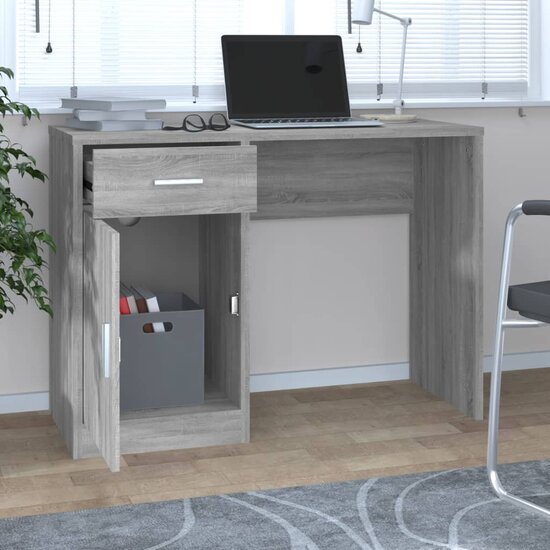 Bureau met kast en lade 100x40x73 cm bewerkt hout grijs sonoma