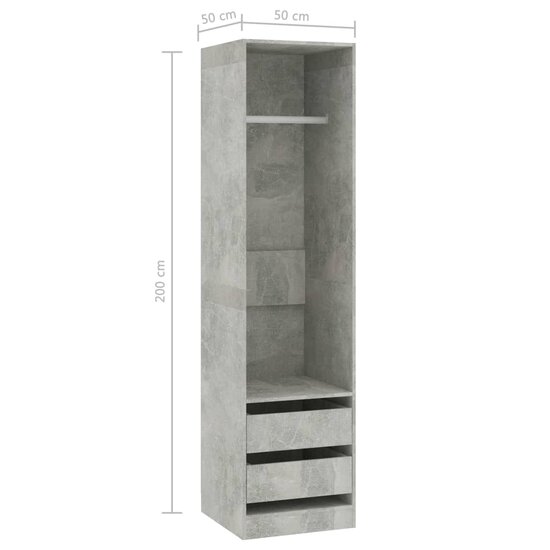 Kledingkast met lades 50x50x200 cm bewerkt hout betongrijs